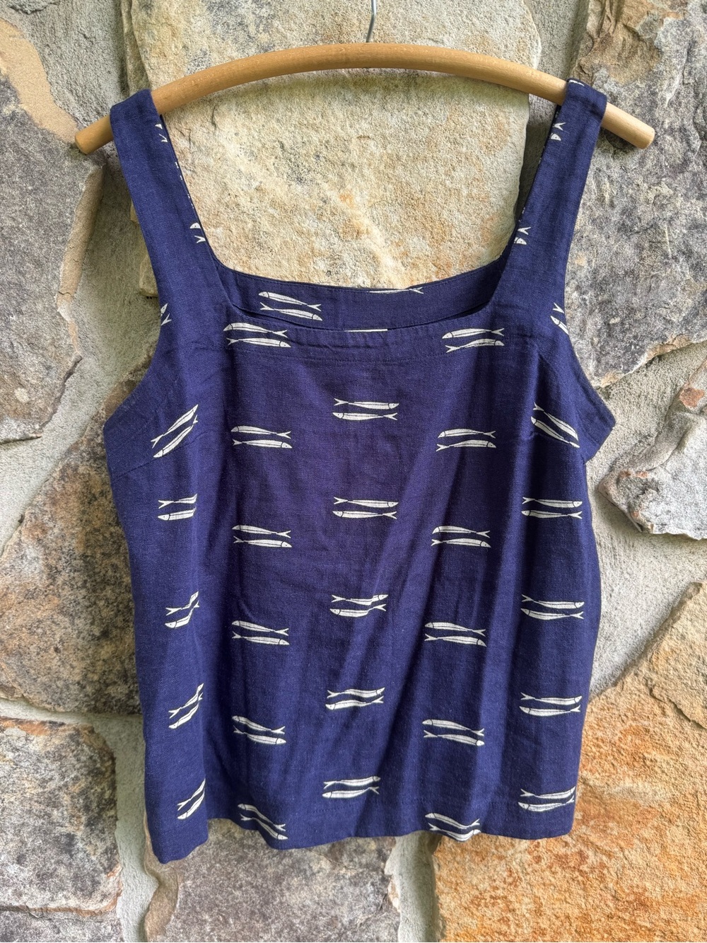 a new day Navy Square-Neck Tank with Cream Fish Print Linen-Blend Small Coastal